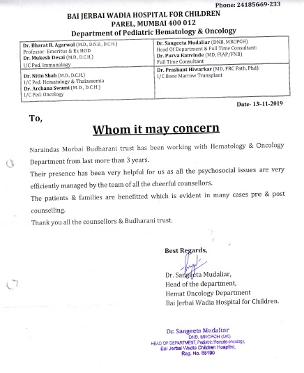 Acknowledgment letter for counselling services at Bai Jerbai Wadia Hospital, Parel, Mumbai