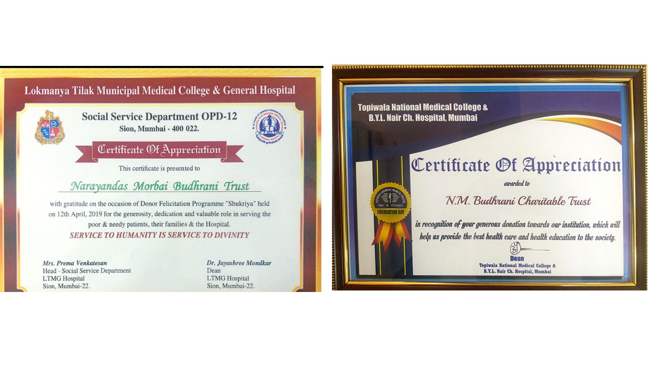 Certificate of appreciation from B Y L Nair Charitable Hospital and L.T.M.G. Hospital, Sion